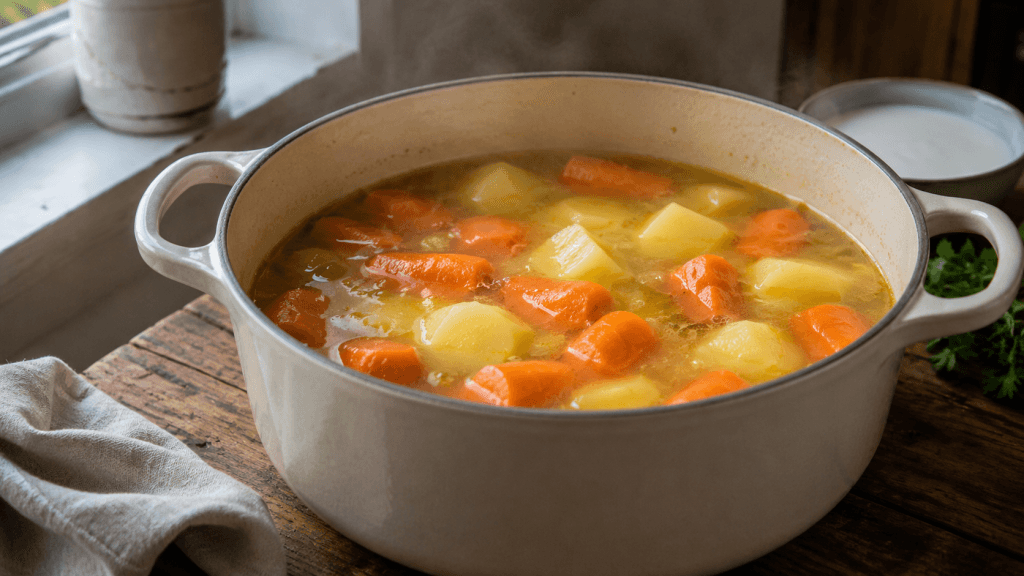 Karotten und Kartoffeln für Sylter Suppe kochen in goldener Gemüsebrühe