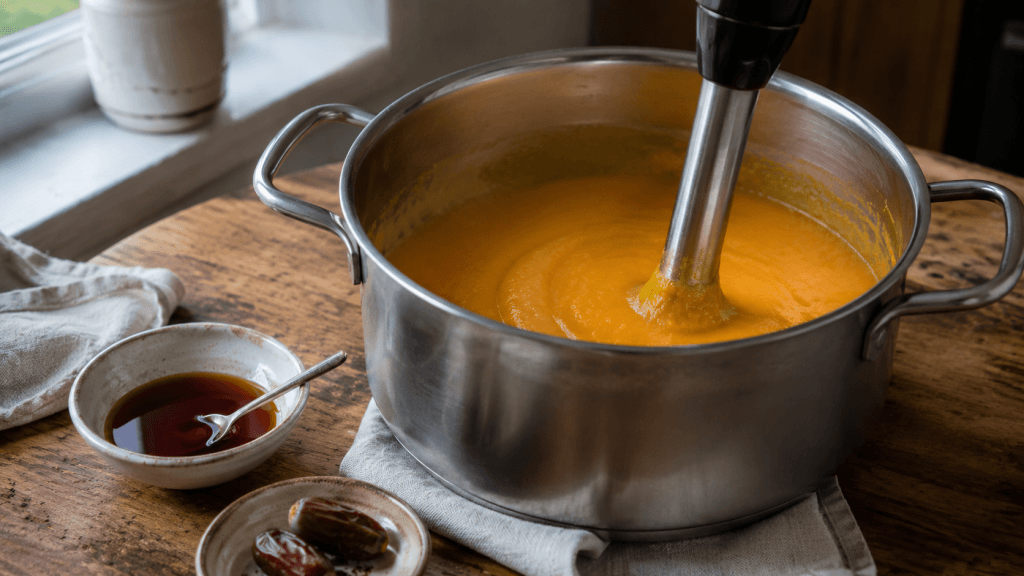 Cremige Sylter Suppe wird im Topf püriert, daneben steht Dattelsirup bereit