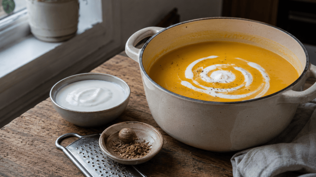 Cremige Sylter Suppe im Topf mit Kokoscreme, Muskat und feiner Würze