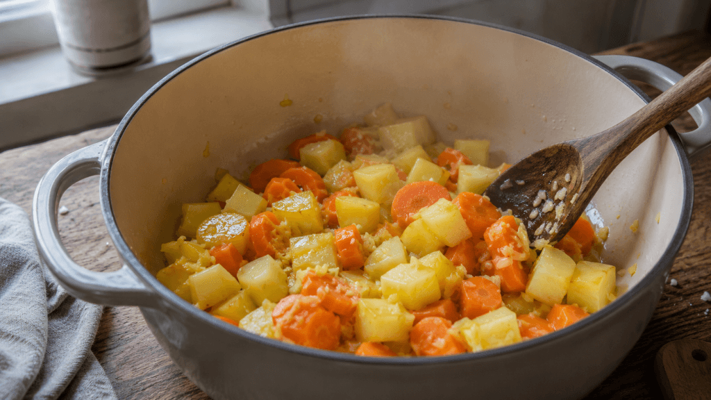 Gemüse für Sylter Suppe wird im Topf leicht angeröstet