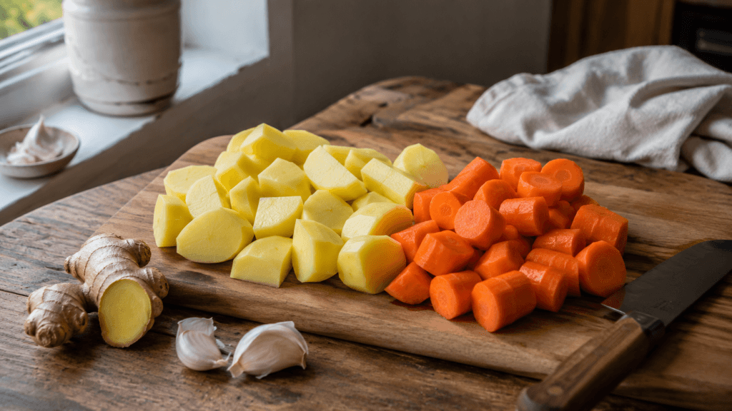 Karotten und Kartoffeln für Sylter Suppe auf einem Holzbrett vorbereitet