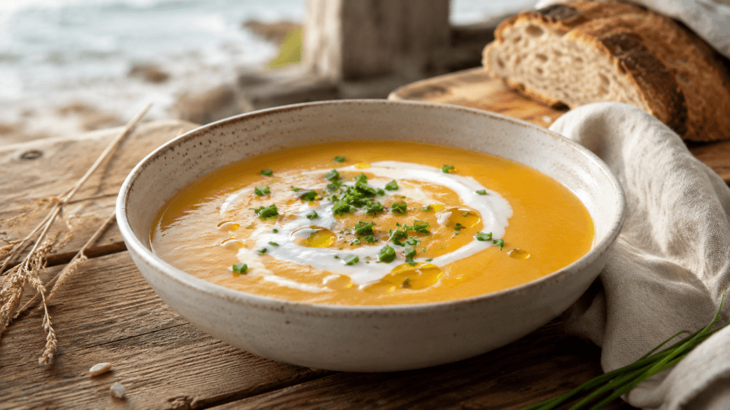 Sylter Suppen Rezept als cremige norddeutsche Suppe mit Kokoscreme, Kräutern und Brot