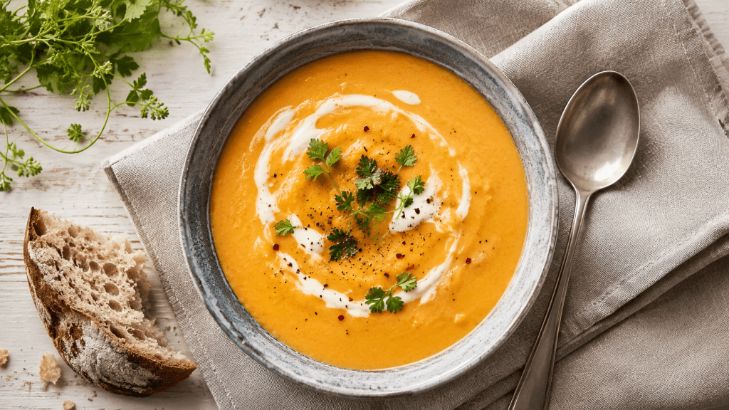 remige Sylter Suppe als Top-down-Foto mit Brot, Löffel und rustikaler Tischdeko