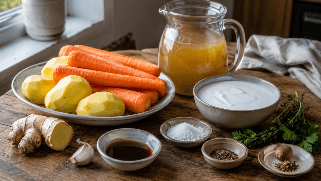 Zutaten für Sylter Suppe mit Karotten, Kartoffeln, Brühe, Kokoscreme und norddeutschem Aroma