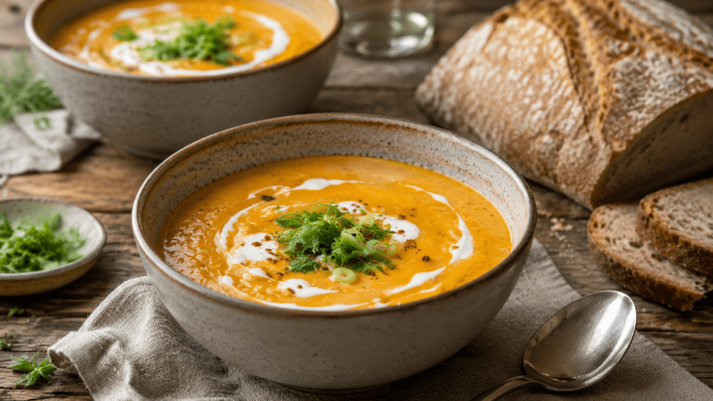 Sylter Suppen Rezept mit zwei Portionen cremiger Suppe, Kokoscreme, Kräutern und Brot