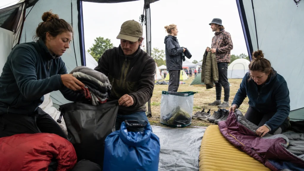 Fünf Personen ordnen Kleidung, Schlafsäcke, Isomatten und wasserdichte Taschen in einem Festivalzelt.