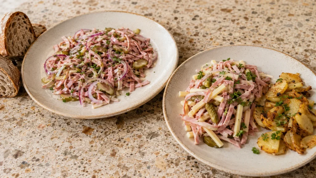 Badischer Wurstsalat ohne Käse und Elsässer Wurstsalat mit Emmentaler auf Tellern.