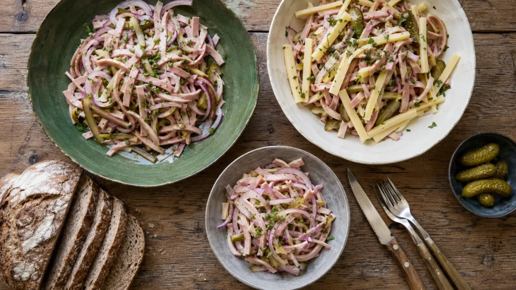 Unterschied Elsässer und Badischer Wurstsalat in drei Schalen mit und ohne Emmentaler.