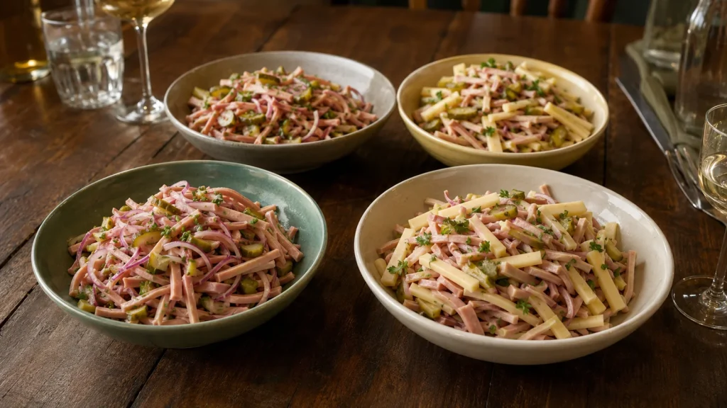 Vier Portionen zeigen den Unterschied zwischen Elsässer und Badischem Wurstsalat.