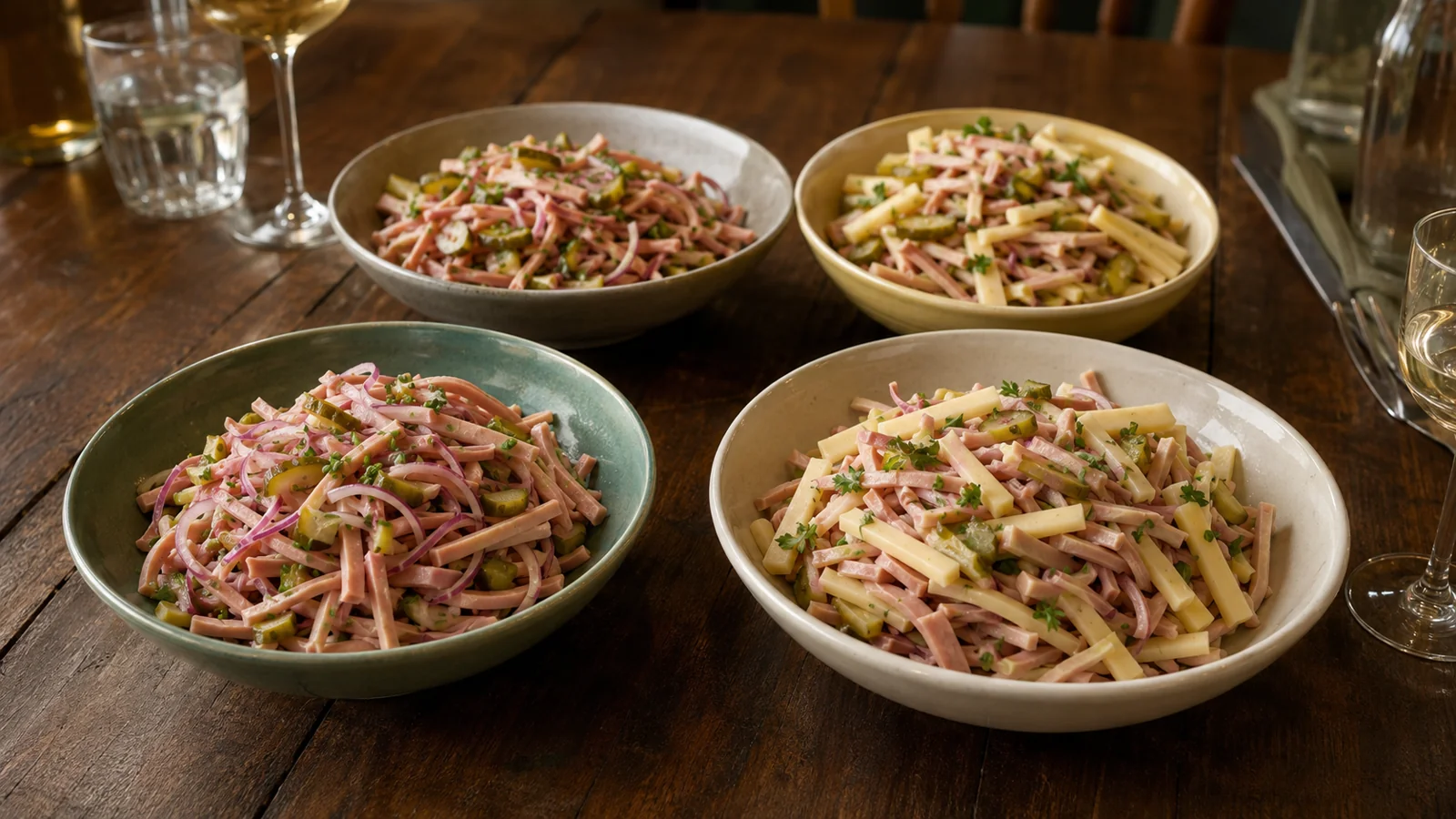 Vier Portionen zeigen den Unterschied zwischen Elsässer und Badischem Wurstsalat.