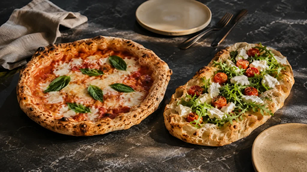Unterschied zwischen Pizza und Pinsa mit runder Pizza und ovaler Pinsa auf dunklem Steintisch