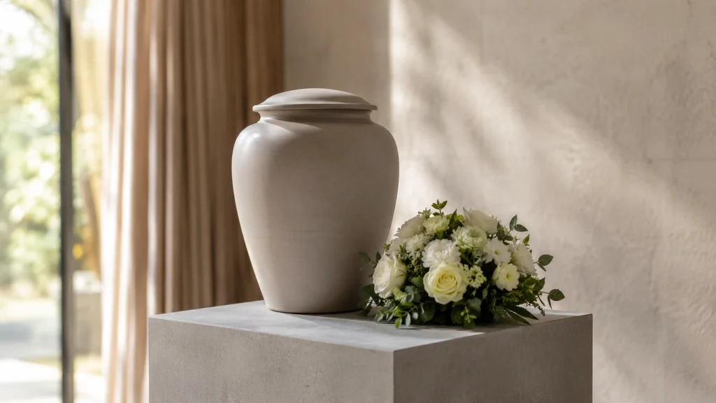 Neutrale Keramikurne mit kleinem weiß-grünem Blumenschmuck bei einer schlichten Beerdigung oder Trauerfeier.