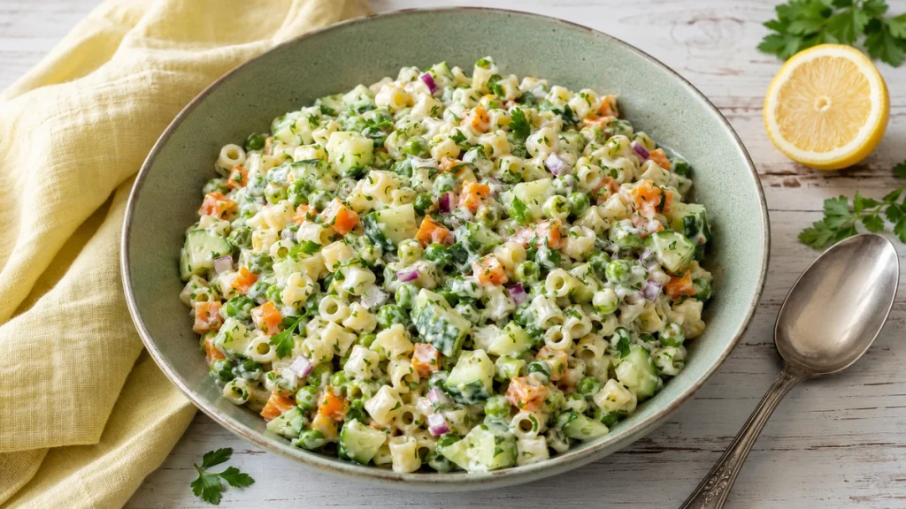 Vegetarischer Nudelsalat mit Erbsen, Möhren und Gurke