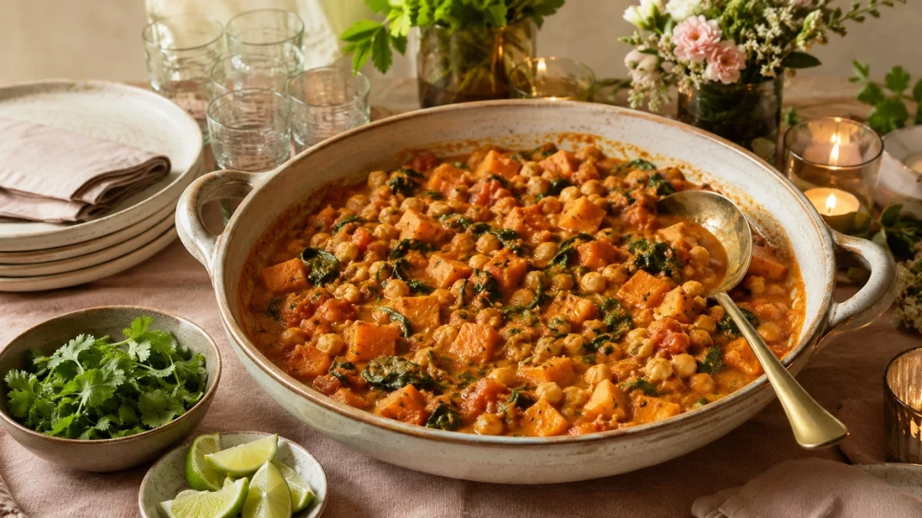 Veganes Süßkartoffel-Kichererbsen-Curry fürs warme Geburtstagsbuffet mit 10–20 Gästen