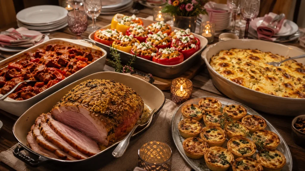 Warmes Buffet zum Geburtstag für 10–20 Gäste mit Kasseler, Gulasch, gefüllten Paprika, Gratin und Mini-Quiches