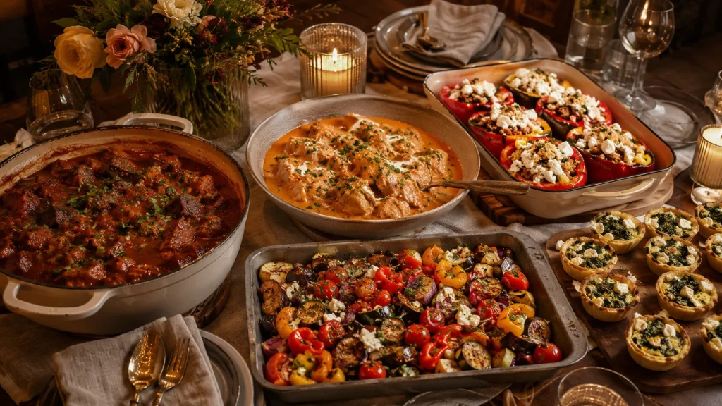 Warmes Buffet zum Geburtstag mit Paprika-Gulasch, Hähnchen, Ofengemüse, gefüllter Paprika und Mini-Quiches