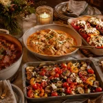 Warmes Buffet zum Geburtstag mit Paprika-Gulasch, Hähnchen, Ofengemüse, gefüllter Paprika und Mini-Quiches