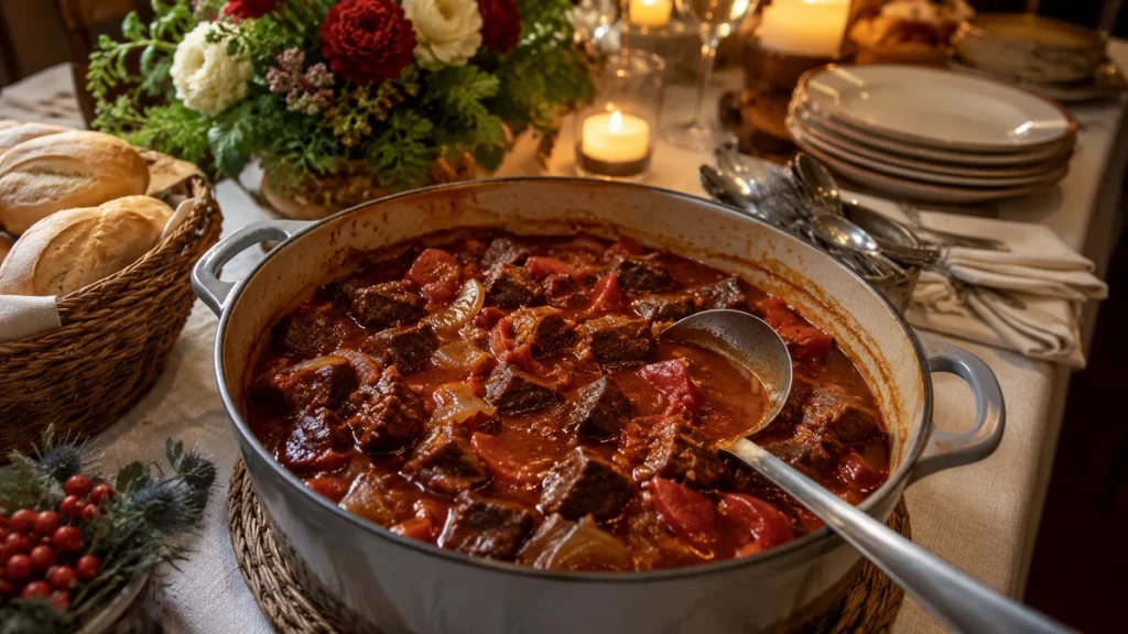 Großer Topf Paprika-Gulasch mit Rindfleisch und roter Paprika auf einem festlichen Buffet