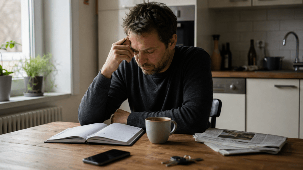 Nachdenklicher Mann am Küchentisch mit Planer und Kaffee, während er über nicht erreichte Ziele trotz Motivation nachdenkt.
