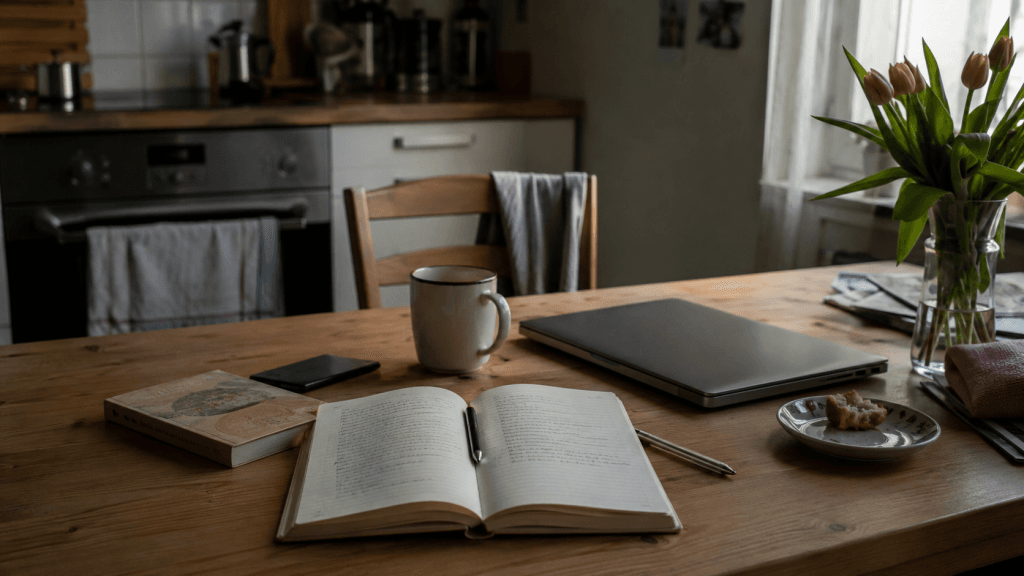 Küchentisch mit Notizbuch, Kaffee und Laptop zur Frage, warum man seine Ziele trotz Motivation nicht erreicht.