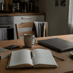 Küchentisch mit Notizbuch, Kaffee und Laptop zur Frage, warum man seine Ziele trotz Motivation nicht erreicht.