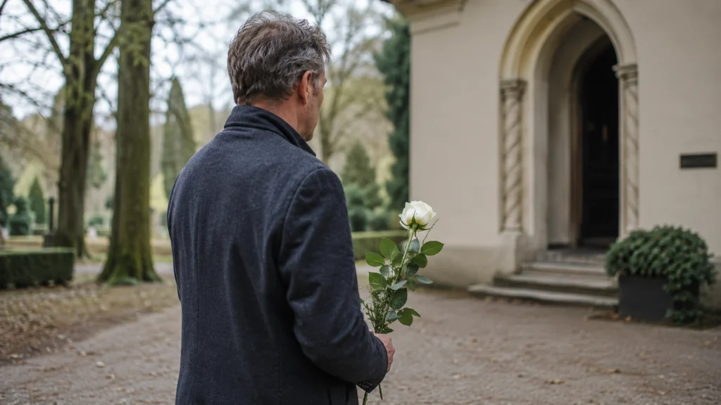 Mann bringt eine einzelne weiße Rose als Blumengruß zu einer Beerdigung