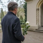 Mann bringt eine einzelne weiße Rose als Blumengruß zu einer Beerdigung