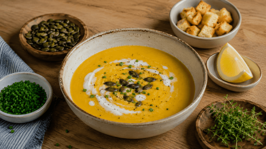 Sylter Suppen Rezept mit Toppings wie Kürbiskernen, Schnittlauch, Croutons und Kräutern
