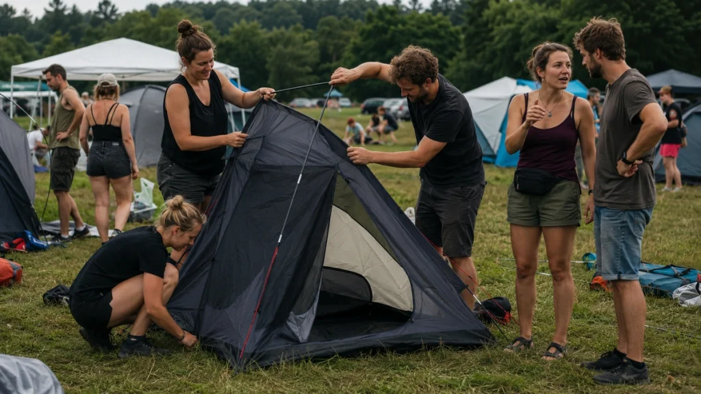 Freunde helfen sich beim Zeltaufbau auf dem Festival