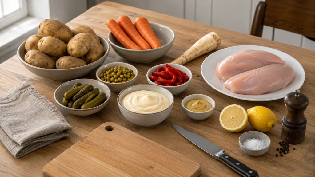 Zutaten für Salata de Boeuf mit Hähnchen: Kartoffeln, Karotten, Gurken, Erbsen, Mayonnaise und Zitrone