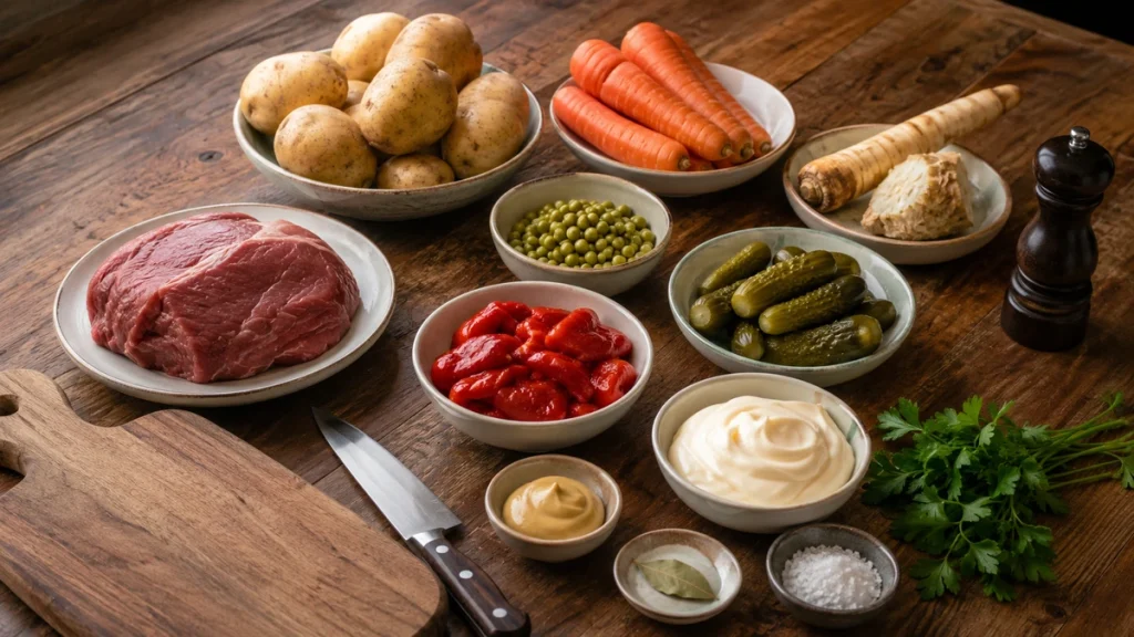 Zutaten für Salata de Boeuf Rezept mit Rind: Kartoffeln, Karotten, Gurken, Erbsen und Mayonnaise