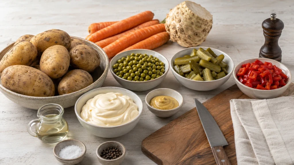 Zutaten für vegetarische Salata de Boeuf mit Kartoffeln, Karotten, Sellerie, Erbsen und Mayonnaise