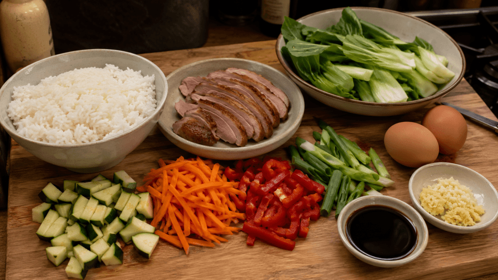 Zutaten für gebratenen Reis mit Ente und Gemüse mit Zucchini, Karotten, Paprika und Pak Choi