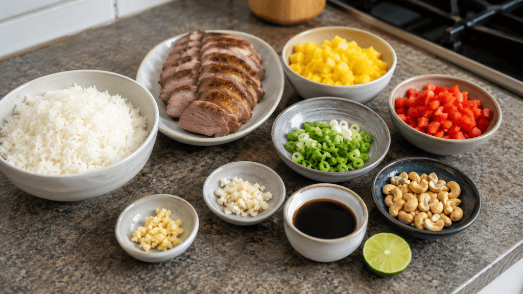 Zutaten für gebratenen Reis mit Ente und Obst mit Ananas, Paprika, Cashews und Limette