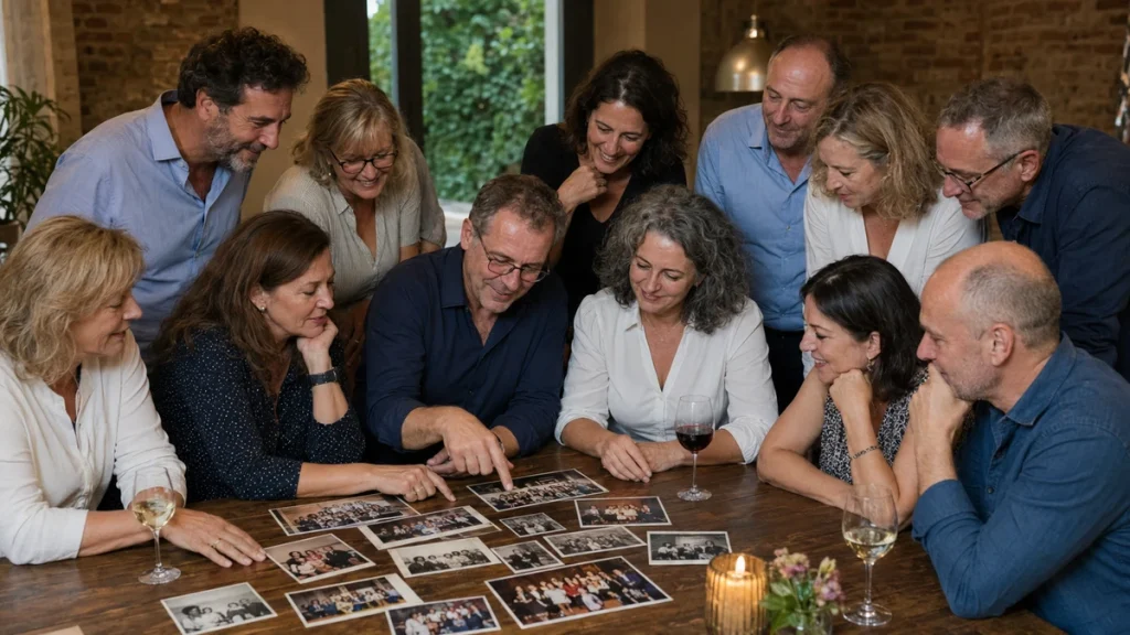 Freunde zeigen auf alte Fotos und erinnern sich an ihre Schulzeit