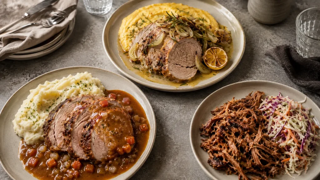 Drei angerichtete Teller mit Schweinebraten, Pulled Pork und unterschiedlichen Beilagen