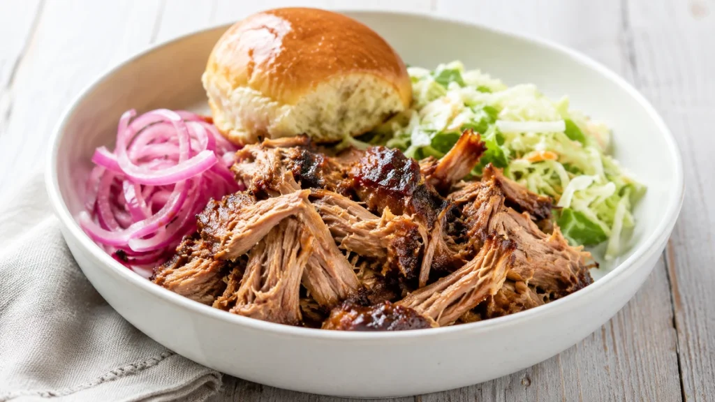 Pulled-Pork-Bowl mit Briochebrötchen, roten Zwiebeln und frischem Slaw