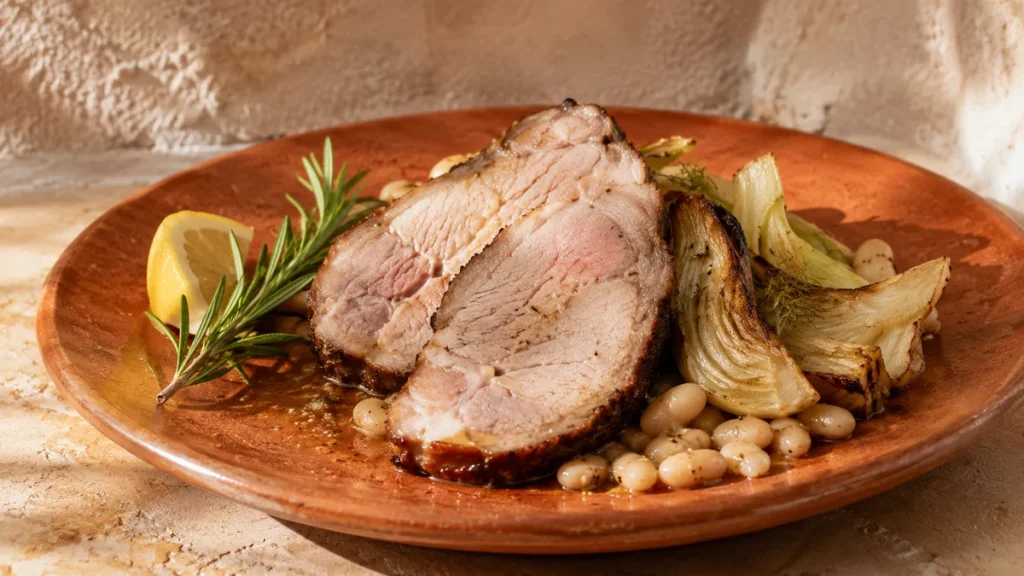 Schweinenackenscheiben mit geröstetem Fenchel und weißen Bohnen