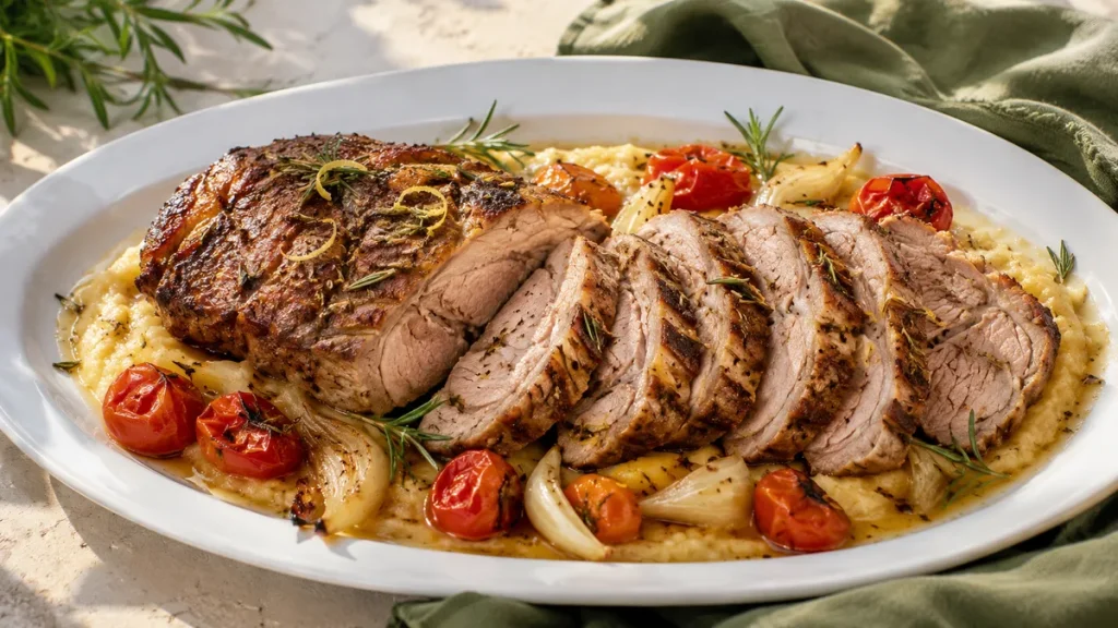 Schweinenackenbraten mit Rosmarin, Zitronenschale und Polenta