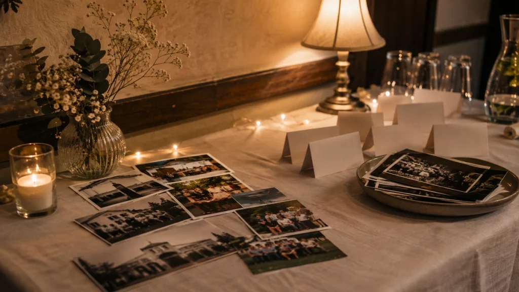 Schlichte Klassentreffen-Deko mit alten Fotos, leeren Namenskarten, Kerzen und warmem Licht.