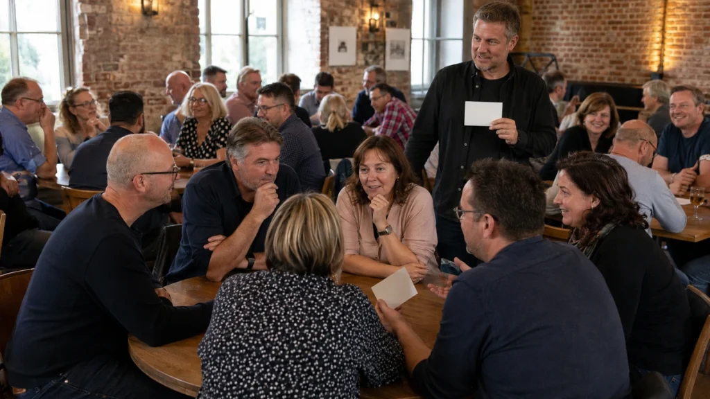 Lustiges Erinnerungsspiel als Klassentreffen Idee mit ehemaligen Mitschülern in kleinen Gruppen