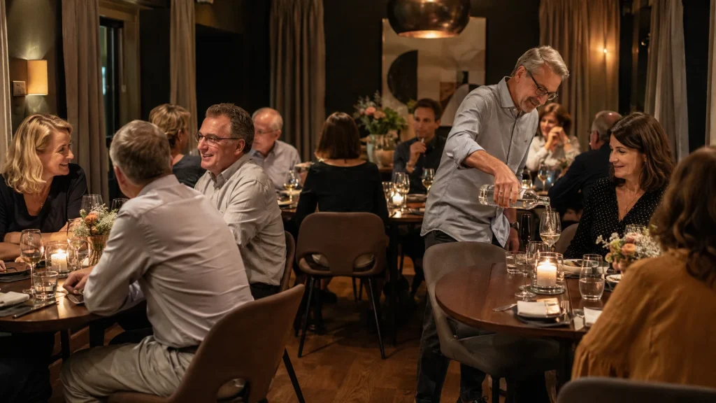 Ehemalige Mitschueler unterhalten sich beim gemeinsamen Abendessen