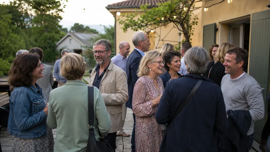Klassentreffen auf einer Terrasse mit dezenter Deko und vielen Gesprächen