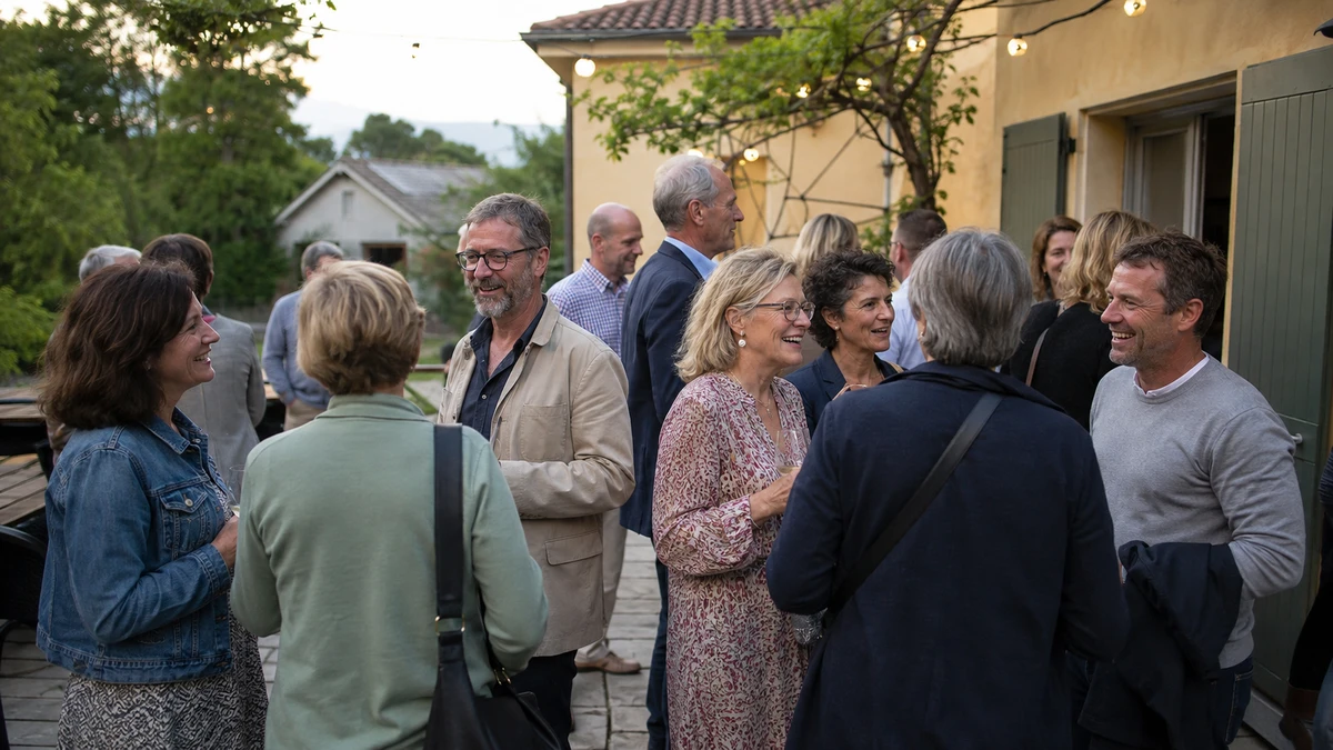Klassentreffen auf einer Terrasse mit dezenter Deko und vielen Gesprächen