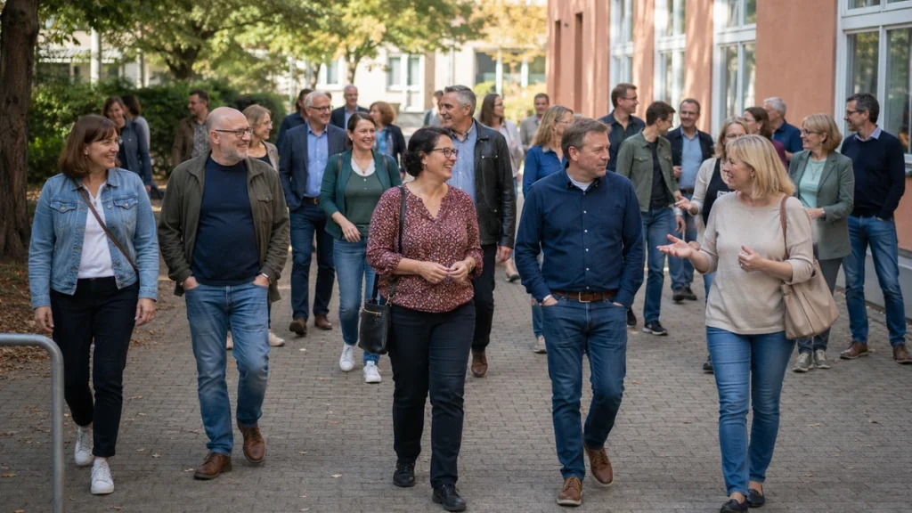 Ehemalige Mitschüler unterhalten sich bei einem gemeinsamen Spaziergang