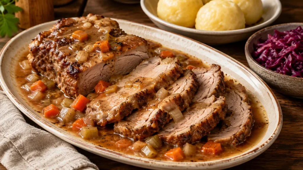 Schweinenacken im Ofen mit Wurzelgemüsesoße, Kartoffelklößen und Rotkohl
