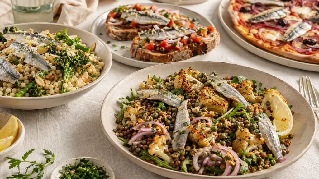Frischer Linsensalat und goldener Blumenkohl mit Sardinenfilets