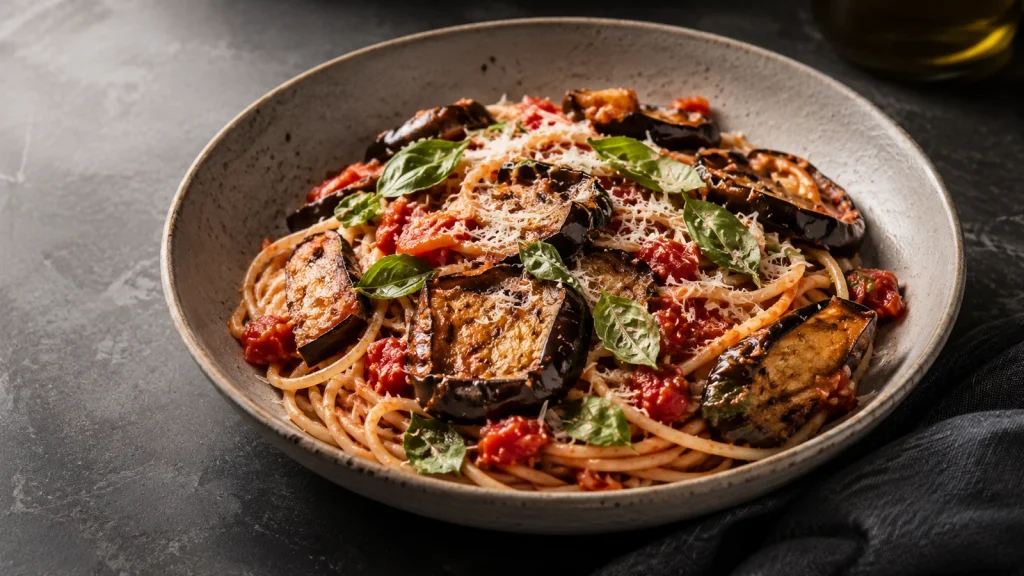 Pasta alla Norma mit Spaghetti, Auberginen und Basilikum auf dunklem Stein