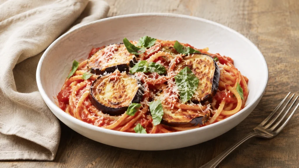 Einfaches Auberginen-Rezept mit Spaghetti, Tomatensauce, Pecorino und Basilikum