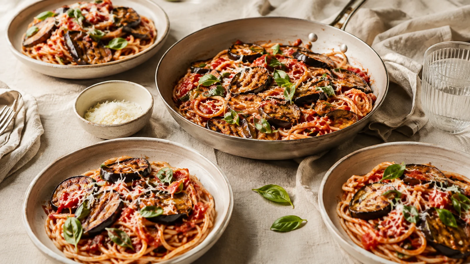 Pasta alla Norma nach Ottolenghi aus SIMPLE als mehrere Portionen mit Auberginen